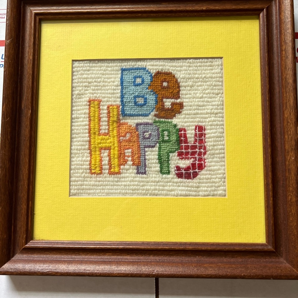 ⚫️Final Price⚫️ Colorful 'Be Happy' Framed Needlepoint Wall Art